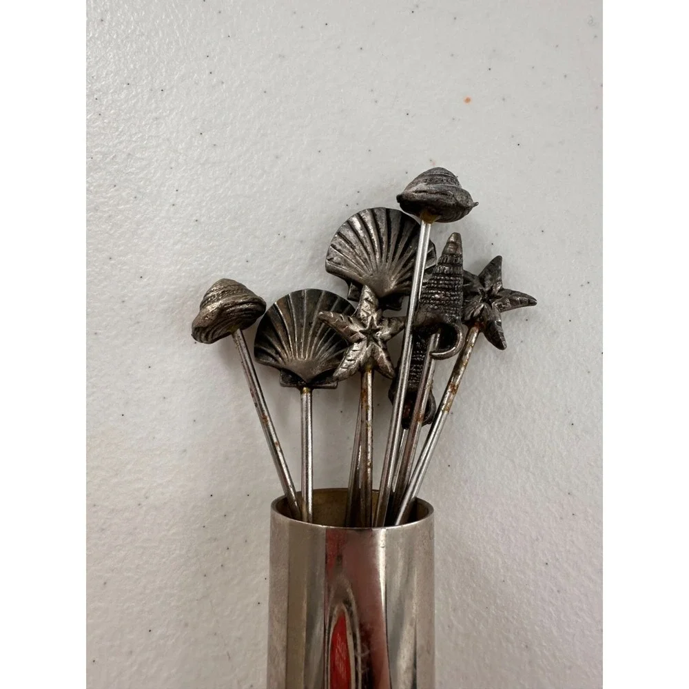 Vintage Pier 1 Silver Plated Sea Cocktail Fork‎ Set Holder Nautical Appetizer